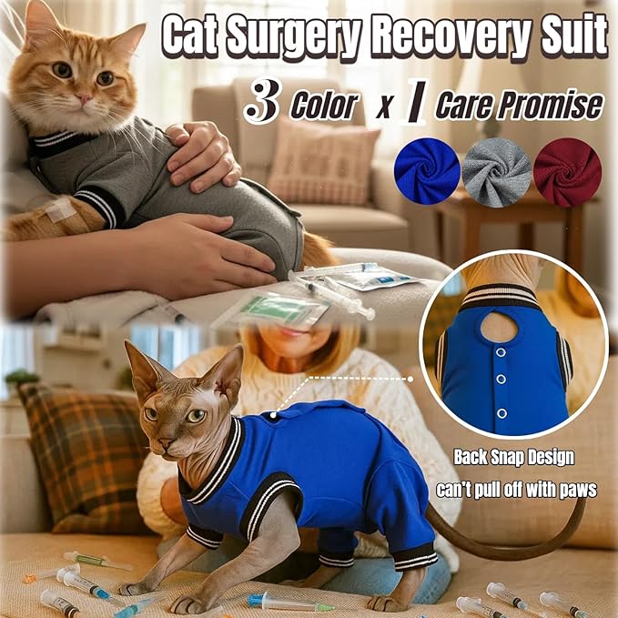 T'CHAQUE Cat Surgery Recovery Suit for Female Male, Cat Onesie Pet Surgical Pajamas Hind Legs Long Sleeve, Abdominal Wound Skin Diseases, E-Collar Alternative, Spay/Neuter Recovery Suit, RoyalBlue-S