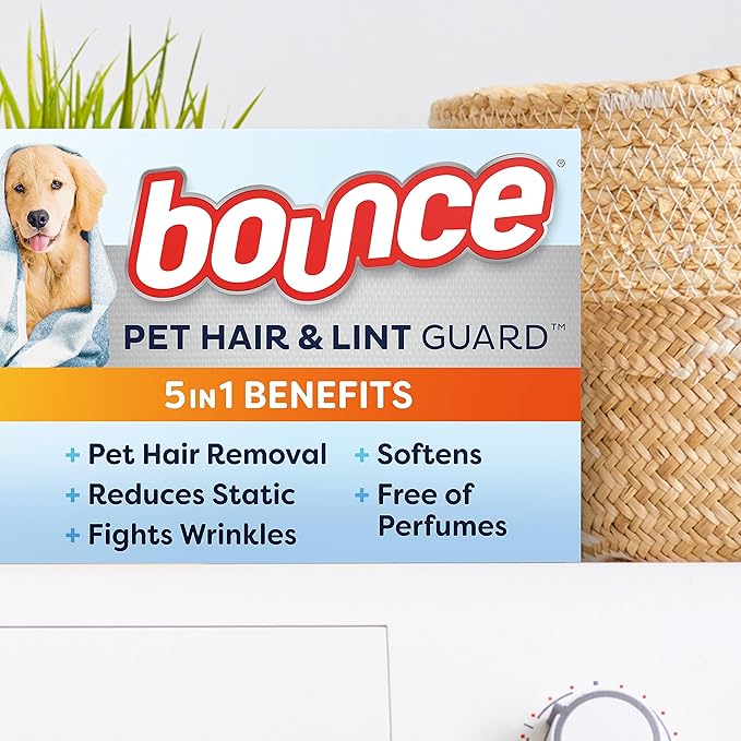 Bounce Pet Hair and Lint Guard Mega Dryer Sheets with 3X Pet Hair Fighters, Unscented, 130 Count