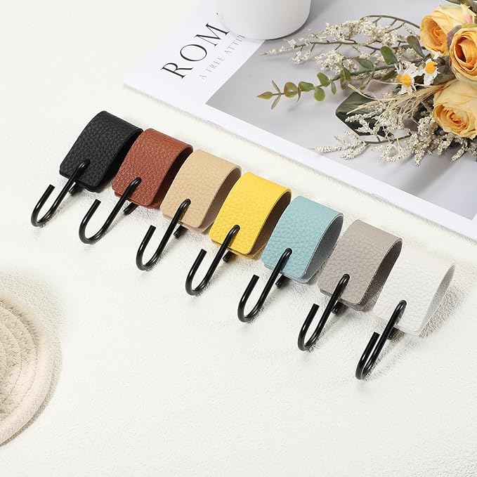 uxcell 12 Pcs PU Leather S Hooks, Multifunctional S Shaped Hooks for Hanging Coat Towel Camping Kitchen Bathroom Handle, Yellow