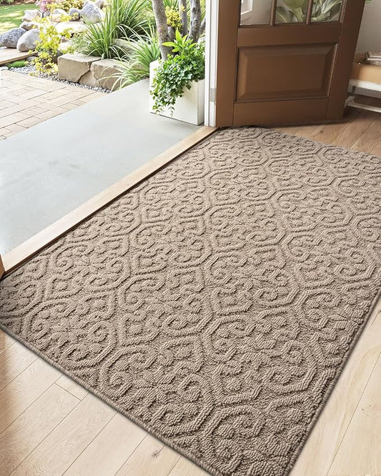 DEXI Front Door Entryway Mat Non Slip, 4x6 ft Large Washable Inside Entrance for House Floor Low Profile, Thin Entry Doormat Absorbent Dirt Trapper, Light Beige