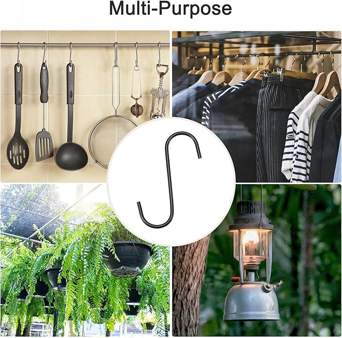 uxcell S Hanging Hooks, 4inch/110mm Extra Long Steel Hanger, Indoor Outdoor Uses for Garden, Bathroom, Closet, Workshop, Kitchen, Black, 6Pcs