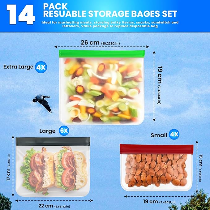 14-Pack Reusable Silicone-Style Ziplock Food Storage Bags – BPA-Free, Leakproof with 4 Snack, 6 Sandwich & 4 Gallon Sizes – Extra Thick, Freezer Safe & Eco-Friendly for Kitchen, Meal Prep & Travel