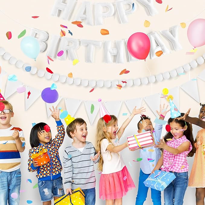 CANREVEL Pre-Strung 3D Happy Birthday Banner, 3 PCS White Happy Felt Garland, Pom Pom Garland, Triangle Fabric Bunting, Reusable White Birthday Decorations