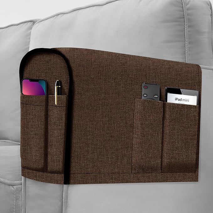 Joywell Linen Armrest Covers for Living Room Anti-Slip Sofa Arm Protector for Dogs, Cats, Armchair Slipcover for Recliner with 4 Pockets for TV Remote Control, Phone, Set of 2, Dark Brown