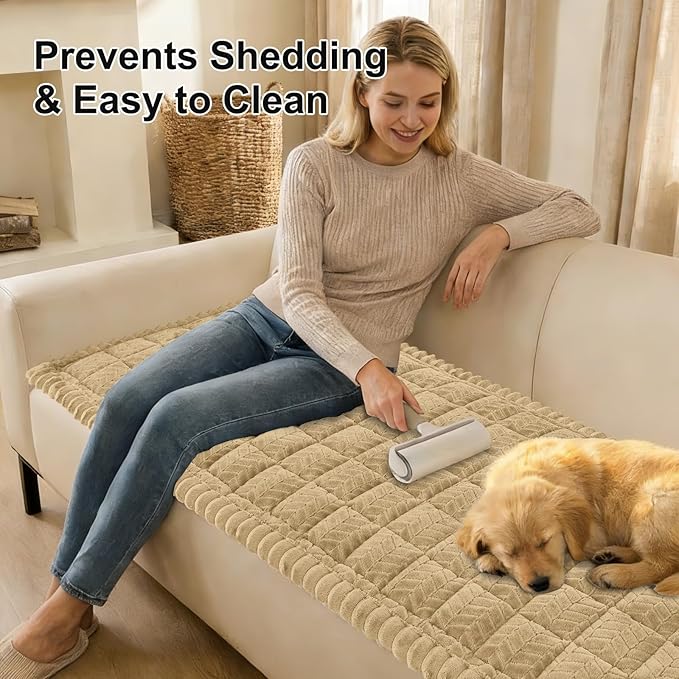 Smiry Non Slip Couch Covers for Dogs, Fuzzy Pet Couch Covers for 3 Cushion Sofa Pet Friendly, Soft Sofa Slipcovers Cushion Furniture Protector Washable (Khaki, 27.6" x 70.9")