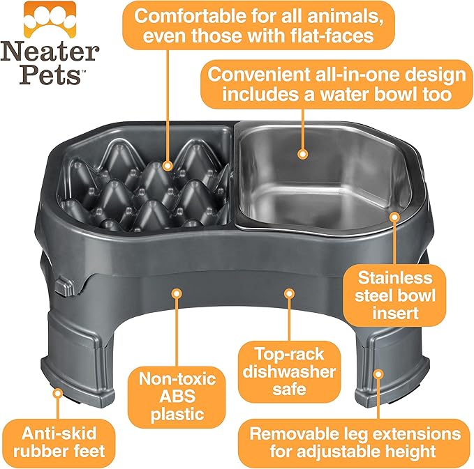Neater Pet Brands – Neater Raised Slow Feeder Dog Bowl – Elevated and Adjustable Food Height - (Double Diner/w Metal Bowl, Gunmetal)