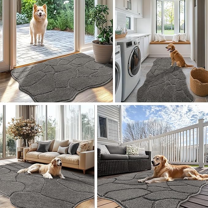 BSICPRO Large Dog Door Mat for Muddy Paws, 35x59 Absorbent Dirt Trapper Long Door Mat, Non-Slip Washable Mud Mat for Dogs, Polyester Microfiber Soft Pet Rug for Entryway, Mud Dog Paws, Patio (Gray)