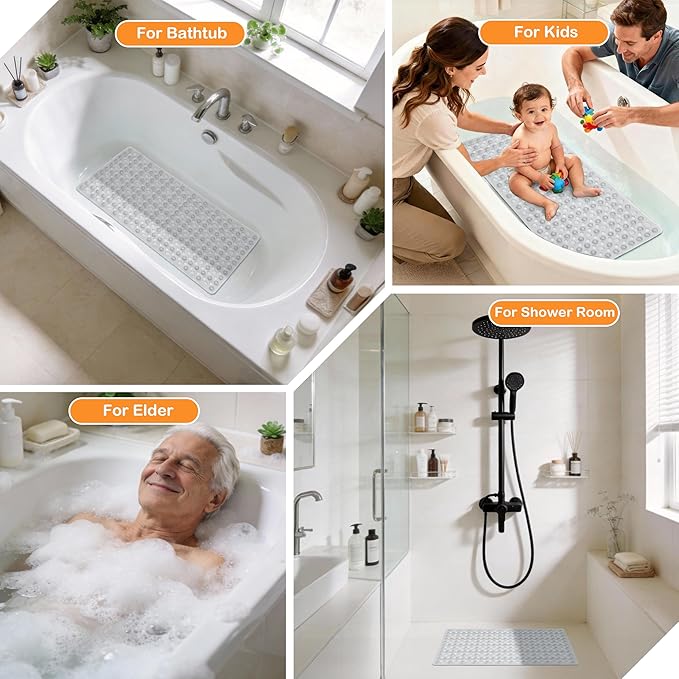 Yimobra Bathtub Mat Non Slip, 27.5"x15.5" Machine Washable Shower Floor Mat, Soft on Feet, Bathmat with Drain Holes and Suction Cups, Bathroom Essentials, Clear