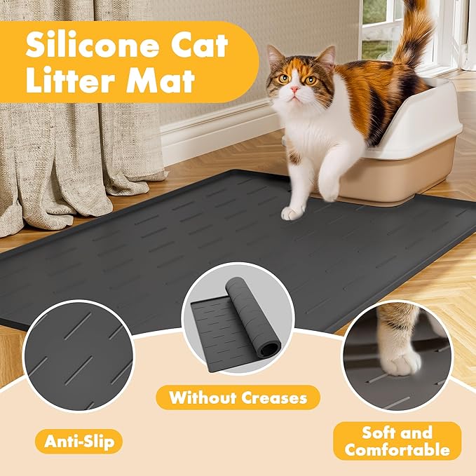 Pieviev Silicone Cat Litter Trapping Mat, 40''x28'' Extra Large Cat Litter Mat, Easy to Clean & Soft on Kitty Paws, Waterproof Kitty Litter Pads for Indoor Cats, Dark Gray