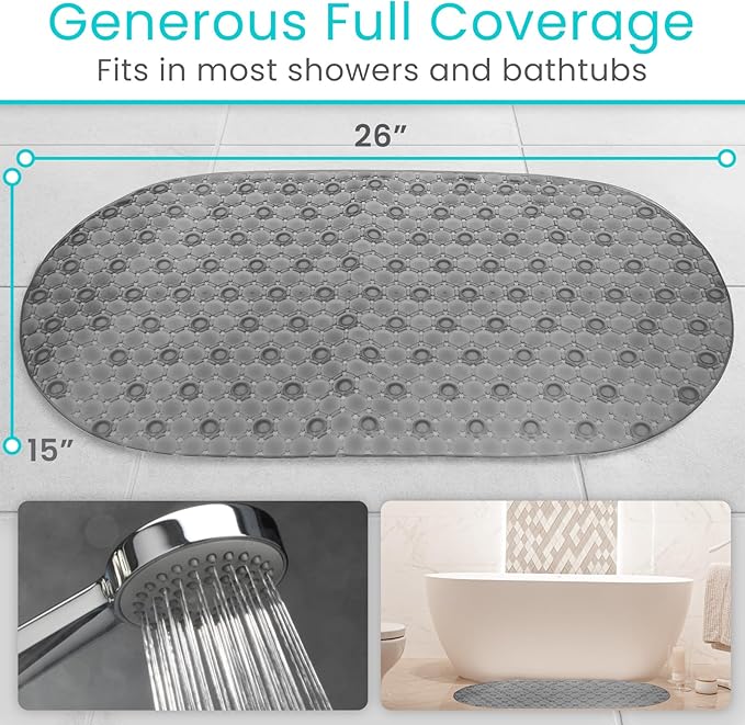 Vive Oval Bathtub Mat - Nonslip Shower Floor Pad - Non-Slip and Non-Skid for Bath Tub with Strong Rubber Suction Cup Grip - for Baby, Elderly, Kids, Bathroom (Gray)