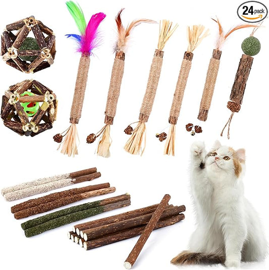 WOUSEDO Catnip Chew Toys for Cats, 24 Pack Cat Toys with Silvervine Sticks, Natural Silvervine Stick Cage Balls & Bell Balls for Indoor Cats