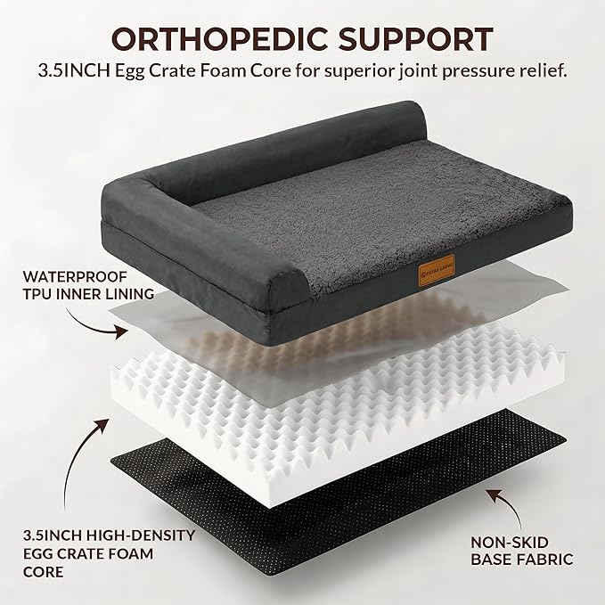 Patas Lague Orthopedic XL Dog Bed Large Sized Dog 48''X30'', Waterproof L Bolster Big Large Pet Sofa Beds with Removable Washable Cover, Soft Pet Couch Crate Mat with Nonskid Bottom, Dark Grey