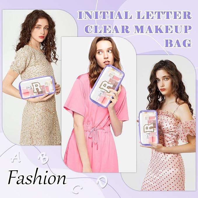 Personalized Initial Letter Clear Makeup Bag,Preppy Small Nylon&PVC Cosmetic Zipper Bag with Chenille Letter,Travel Skincare Toiletry Bag,Monogram Christmas Gift for Teen Girls Women,R