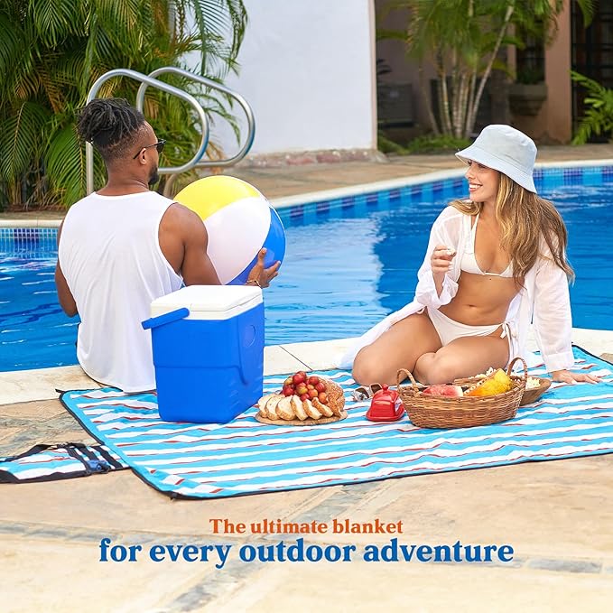 Cozy Club Waterproof Picnic Blanket Foldable Outdoor Mat with Pocket, Stakes & Shoulder Strap | Sandproof, Durable & Portable for Beach, Camping, Sporting Events & Travel | US Brand