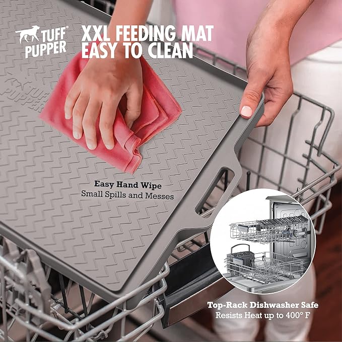 Tuff Pupper 28x20 Large Dog Feeding Mat for Food and Water | Dog Food Mats for Floors | Waterproof Dog Water Bowl Mat | Dog Placemats Pet Food Mat | Silicone Feeding Mat for Cats and Cat Bowls