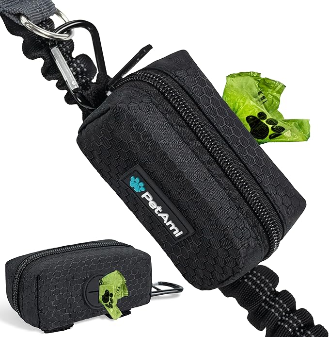 PetAmi Dog Poop Bag Holder for Leash, Dog Treat Pouch Leash, Pet Waste Bag Dispenser with Clip, Doggy Puppy Walking Accessories Supplies with 1 Dog Bag Roll (Black, 1 Pack)