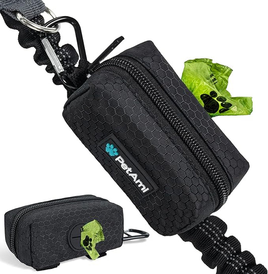 PetAmi Dog Poop Bag Holder for Leash, Dog Treat Pouch Leash, Pet Waste Bag Dispenser with Clip, Doggy Puppy Walking Accessories Supplies with 1 Dog Bag Roll (Black, 1 Pack)