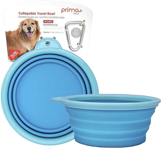 Prima Pet Expandable / Collapsible Silicone Food & Water Travel Bowl with Clip for Medium & Large Dog, Portable and Durable Pop-up Feeder for Convenient On-the-go Feeding, Size: 5 Cups (7 Inch Diameter Bowl) (LARGE (5 CUPS), AQUA)