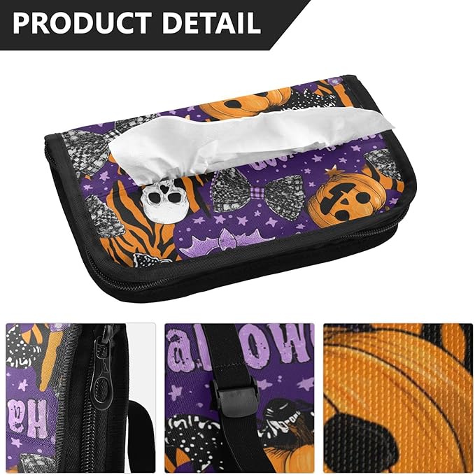 Car Tissue Holder Car Napkin Holder Car Tissue Box Dispenser Storage Case Sun Visor Mask Holder with Adjustable Straps Reusable Refillable Halloween Tiger Stripe Purple Orange