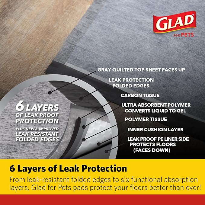 Glad for Pets Activated Carbon Puppy Training Pads with Anti-Microbial Technology, Odor Control Pee Mats for Dogs, 6-Layer Leak-Proof Heavy Duty Indoor Potty Pads, 23 x 23 Inches, 100 Count