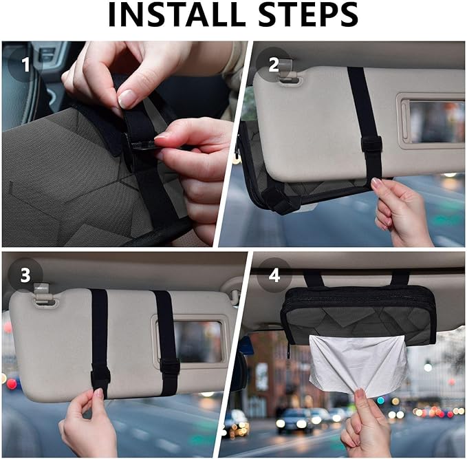 Car Tissue Holder Car Napkin Holder Car Tissue Box Dispenser Storage Case Sun Visor Mask Holder with Adjustable Straps Reusable Refillable Black Geometric Polygon