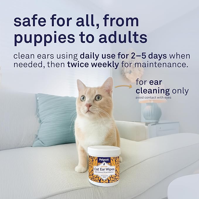 Petpost | Cat Ear Cleaner Wipes - Ultra Soft Cotton Pads in Coconut Oil Solution - Treatment for Removing Cat Ear Dirt & Wax 100 ct.
