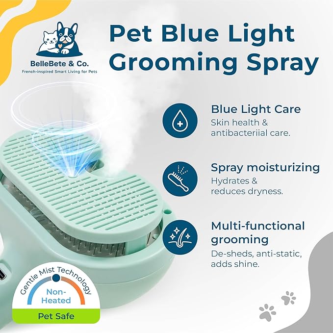 BelleBête & Co. Pet Steam Brush for Dog and Cat, Pet Hair Removal Grooming and Shedding Tool with One-Click Easy Self-Cleaning, USB Charging, No-Rinse Conditioning, Combs for Animals | Green