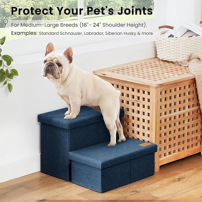 Love's cabin Dog Stairs with Storage 13" H,Foldable Pet Stairs for Small Medium or Large Dogs,Cat Puppy Steps Ramp with Zip up to 150 lbs(Navy Blue,2 Steps no Condo)