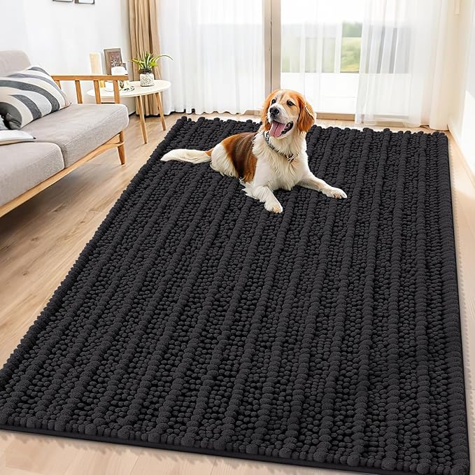 Smiry Dog Door Mat for Muddy Paws 71x46, Extra Soft Absorbent Chenille Doormat, Trap Moisture and Dirt, Non-Slip Machine Washable Front Door Mat for Indoor Entrance Inside Floor, Black