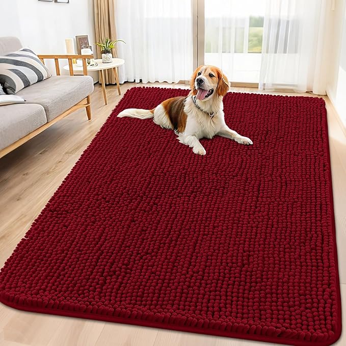 Smiry Dog Door Mat for Muddy Paws 71x46, Absorbs Moisture and Dirt Doormat, Non-Slip Washable Quick Dry Chenille Front Door Mat Indoor Entrance, Entryway Carpet for Inside Floor, Red
