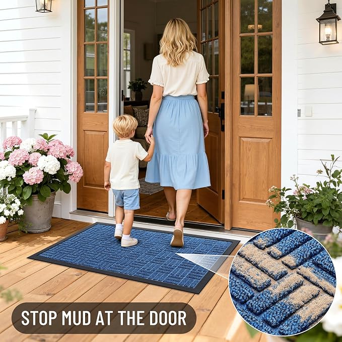 OLANLY Front Door Mat Outside Entrance 47x23, Absorbent, Heavy Duty Sturdy Natural Rubber Doormat Indoor Outdoor, Non-Slip, Stain and Fade Resistant, Low Profile Floor Mat for Entryway, Ocean Blue