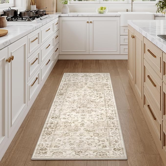 2x6 Washable Neutral Runner Rug Beige Vintage Hallway Kitchen Carpet Non-Slip Soft Low Pile Farmhouse Throw Rug for Bedroom Bathroom Laundry Living Room