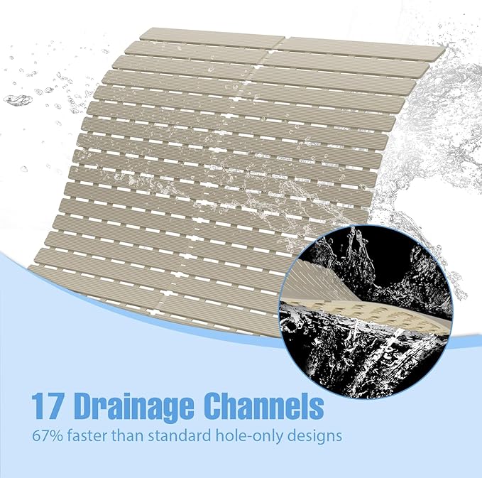 Shower Mat Non-Slip Bath Mat for Tub and Shower Stall,236 Suction Cups with Drain Holes, Quick Dry Machine Washable, Extra Grip for Stand Up Showers, Bathroom Essentials 24x24 Inch (Light Brown)