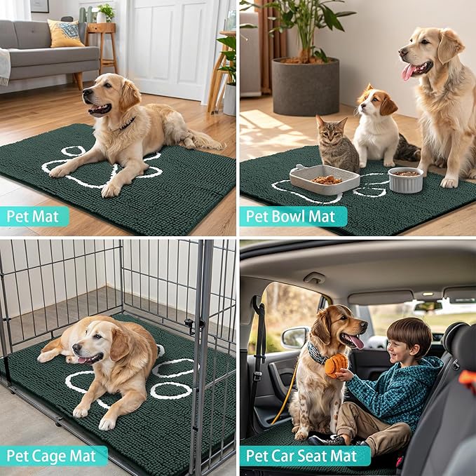 Smiry Dog Door Mat for Muddy Paws, Absorbent Dirt Trapper Non Slip Quick Dry Washable Chenille Mat for Mud Dogs, Entry Rug for Indoor and Outdoor (30x20 Inches, Green and White)
