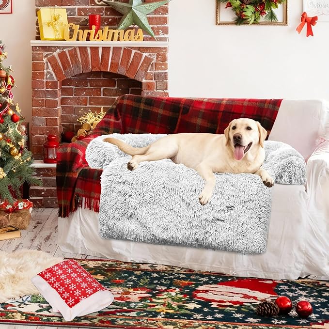 GGIB Calming Dog Bed Christmas Throw Blanket Fluffy Plush Dog Mat Furniture Protector Decoration Holiday Throw Sofa Couch Cover Large Medium Small Dogs Cats (Extra Large, Light Grey)