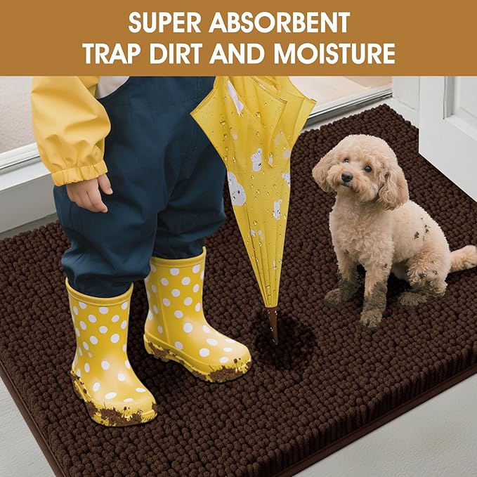 IM HOME Dog Door Mats for Muddy Paws, 30" X 20" Chenille Absorbent Doormat, Non Slip Heavy Dog Rugs for Muddy Paws, Soft Indoor Door Mat for Entryway, Mud Paw, Inside Floor, Brown