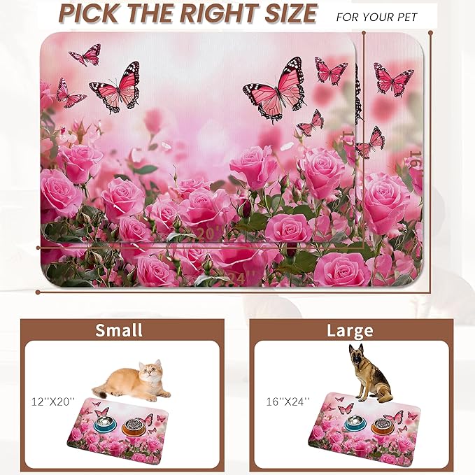 Rose Pink Dog Cat Food Mat,Butterfly Absorbent Pet Feeding Mat for Food and Water,Non-Slip Dog Bowl Mats Floor Protector 16"x24"