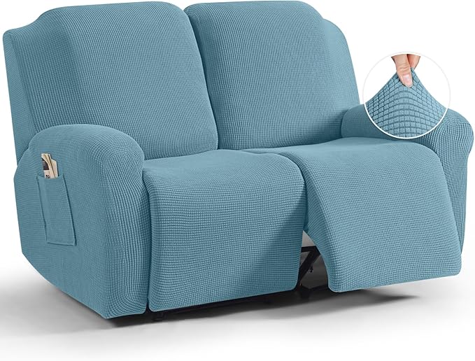 TAOCOCO Recliner Loveseat Slipcover, 6 Pieces Dual Recliner Sofa Covers for 2 Seat Dual Reclining Loveseat Couch, Stretch Soft Jacquard Pattern Furniture Protector with Elasticity (Dusty Blue)