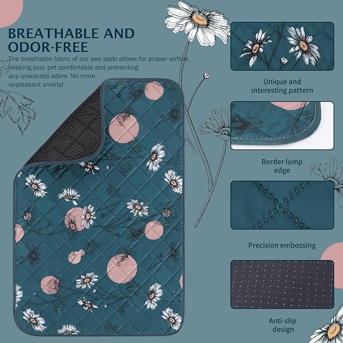 IEUUMLER Washable Pee Pads for Dogs, 2 Pack Non-Slip & Waterproof Pack Whelping Pad, Reusable Washable Puppy Potty Training Pad with Fast Absorbent for Playpen EU007 (Navy Blue Daisy, 24"X48"-2pcs)