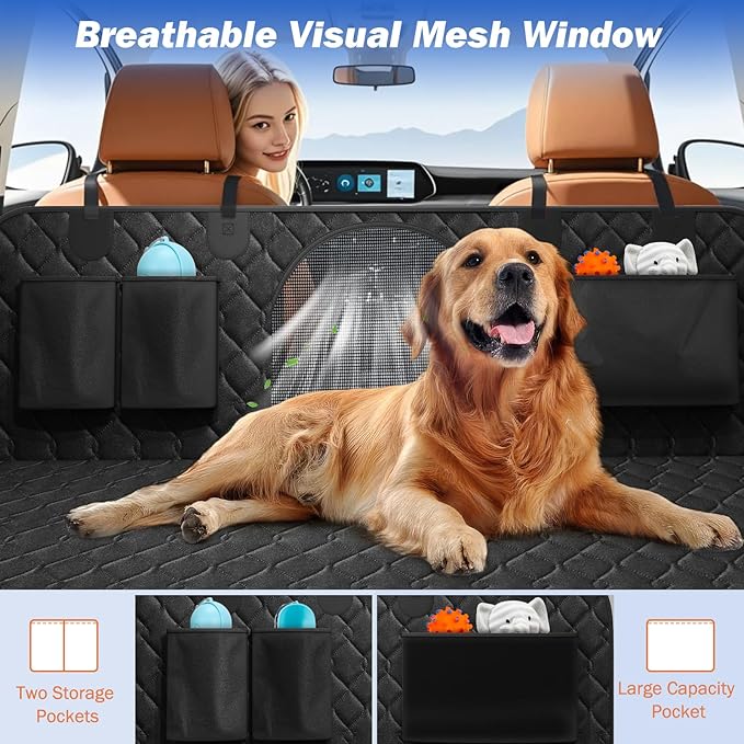 Back Seat Extender for Dogs, Dog Car Seat Cover for Back Seat Hard Bottom - Holds 330lbs Waterproof Cover for Dogs with Mesh Window & Pocket, Dog Hammock for Car, Small Truck, Black + Black