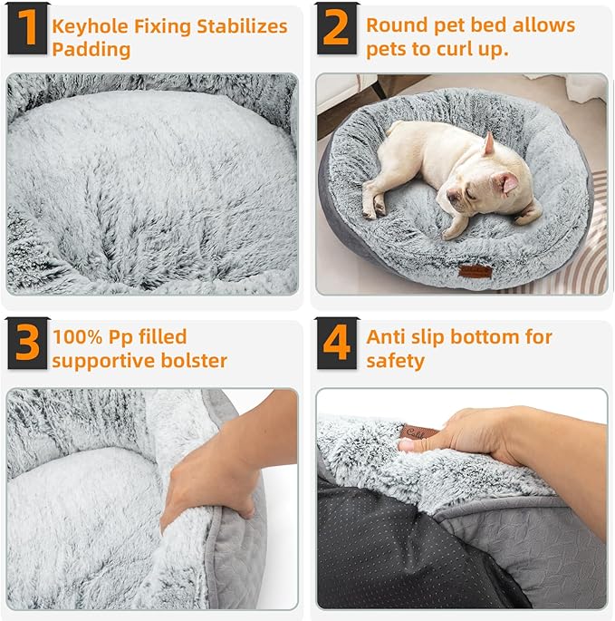 Luxury Calming Pet Bed for Cats & Small Dogs, All-in-One Machine Washable Long Fur Plush with Bolster, Non-Slip Waterproof Bottom & Orthopedic Support for Warmth, 20x19 Inch, Light Grey