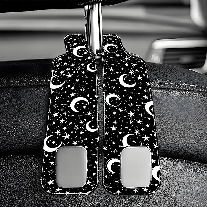 AEWNUNK 1 Pack Car Seat Headrest Hooks for Purses and Bags White Stars and Moons Bag Purse Holder for Car with Double Metal Hooks Car Purse Hanger Hanging Accessories