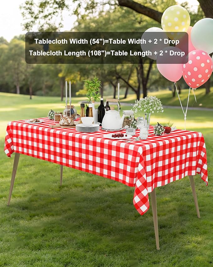 Smiry 20 Packs Gingham Disposable Table Cloth, 54 x 108 Inch Waterproof Plastic Tablecloth, Rectangle Red and White Checkered Table Covers for Outdoor, Picnic, Birthday, Party