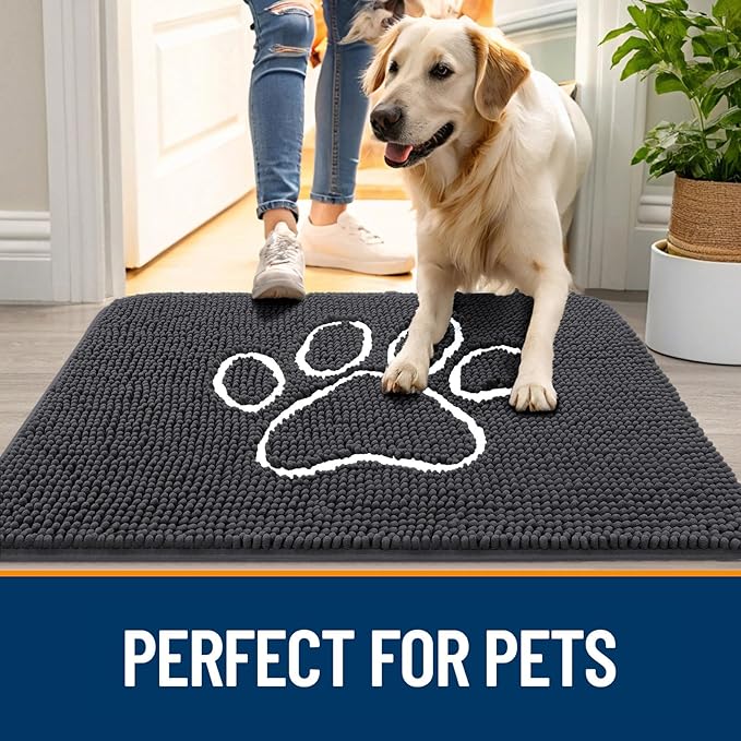 OLANLY Dog Door Mat for Muddy Paws 59x35, Paw Print Design, Absorbs Moisture and Dirt, Absorbent Non-Slip Washable Doormat, Quick Dry Chenille Mud Mat for Dogs, Entry Indoor Entryway Carpet, Dark Grey