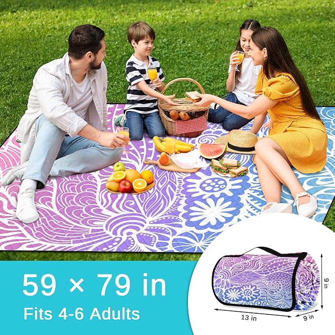 Waterproof Picnic Outdoor Blanket, 79" x 59" Sandproof Foldable Large Picnic Blanket for Beach, Camping, Park, Travel, Concert, Great Gift for Families and Couples (Hand Drawing)