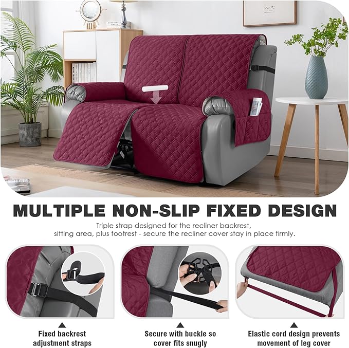 TAOCOCO 100% Waterproof Recliner Couch Covers, Recliner Sofa Covers with Leg Straps, 1-Piece Washable Reclining Sofa Cover with Pocket Couch Protector for Pets Kids(2 Seater, Wine)