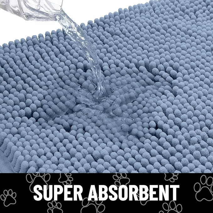 Smiry Dog Door Mat for Muddy Paws, Absorbent Dirt Trapper Non Slip Quick Dry Washable Chenille Mat for Mud Dogs, Entry Rug for Indoor and Outdoor (70x24 Inches, Airy Blue and White)