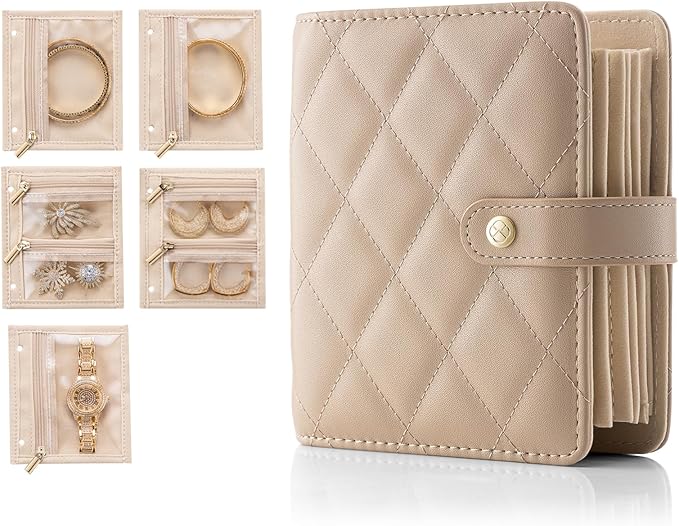 Vlando Small Jewelry Book Organizer - Leather Travel Jewelry Case with 5 Detachable Pages for Necklaces, Rings, Earrings, Tangle-Free, Giftable,Latte