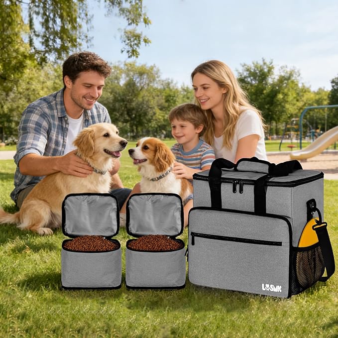 5 Set Dog Travel Bag for Supplies, Dog Lovers, Large Pet Travel Kit Includes 2 Food Containers&2 Collapsible Bowls、Placemats,Grey