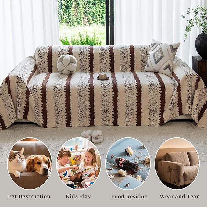 Sherpa Fleece Couch Cover for 3 Cushion Sofa, Brown, 71" x 134" - Pet Proof Sofa Covers Heavy Duty Scratch Resistant Pet Friendly Furniture Cover - Easy Install, Machine Washable